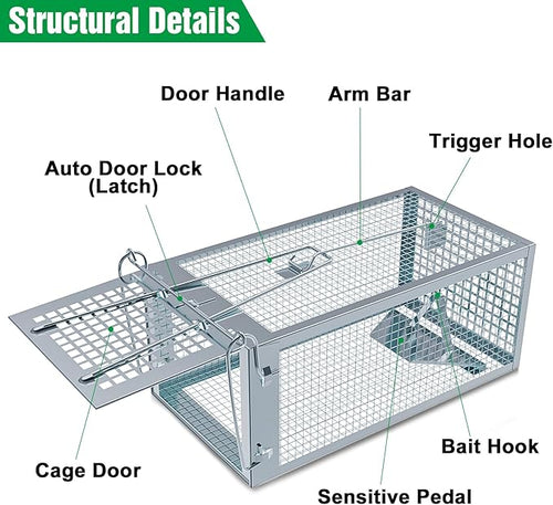 2 Packs Humane Rat Trap Outdoor, Wanqueen Humane Mouse Traps Indoor for Home, Small Rodent Chipmunk Trap and Other Live Animal Cage Catch and Release