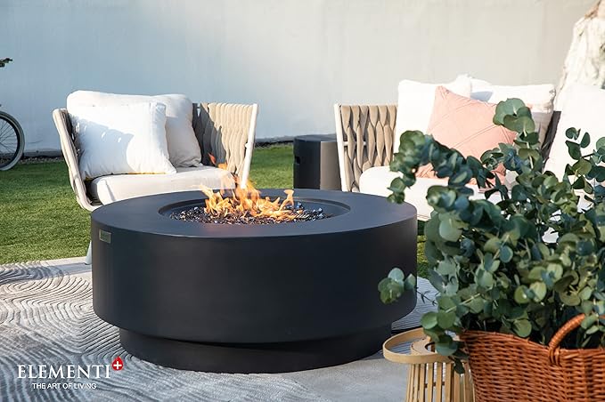 Elementi+ | Nimes Gas Fire Pit Cast Concrete 40" Dia. Round Fire Table, Outdoor Fire Pit Electronic Ignition | Canvas Cover, Fire Glass and Burner Lid Included | Dark Gray | Propane Gas