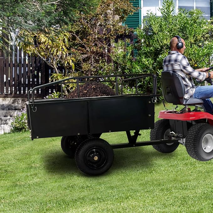 Heavy Duty ATV Trailer Steel Dump Cart, 750 Lbs 15 Cubic Feet Garden Trailer Pull Behind with Removable Sides & All Terrain Tires for Lawn Mower, ATV & Yard Work