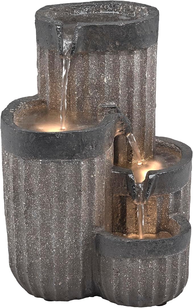 Alpine Corporation WIN1372 14" Tall Cascading Tabletop Fountain with LED Lights – Decorative Indoor Water Feature for Desk, Patio, and Home Décor, Gray