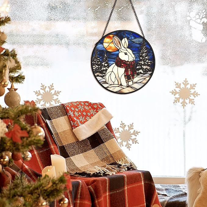 cvjutf Winter Christmas Bunny Suncatcher Stained Glass Window Hanging Decorstions, Nature Landscape Stained Glass Wall Decor, Winter Solstice Gifts, Forest Garden Lawn Sun Catchers Art, 7.9x7.9Inch
