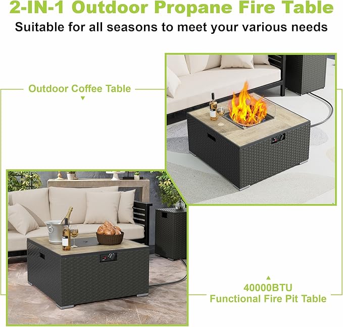 Dineli 31.5 Inch Propane Fire Pit Table Square Gas Fire Pits for Outside Patio Fire Pits & Outdoor Fireplaces 2-in-1 Fire Pit Table with Lid for Camping Backyard Garden, 40,000 BTU, Waterproof