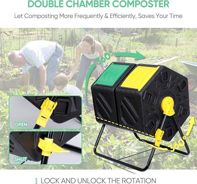 BBBuy Compost Bin Tumbling Composter Rotating w/ 2 Sliding Doors Compost Bin, Dual Chamber All Season Heavy Duty Outdoor Gardening Composting Tumblers Garden Yard (37 Gallon, Black)
