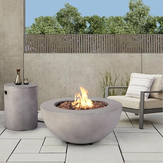 2-Piece Outdoor Propane Fire Pit Table Set w/Tank Cover Table, 31.5-inch 50,000 BTU CSA Certification Bowl Concrete Firepit SUS201 Round Burner with Steel Lid, Lava Rocks, Rain Cover…