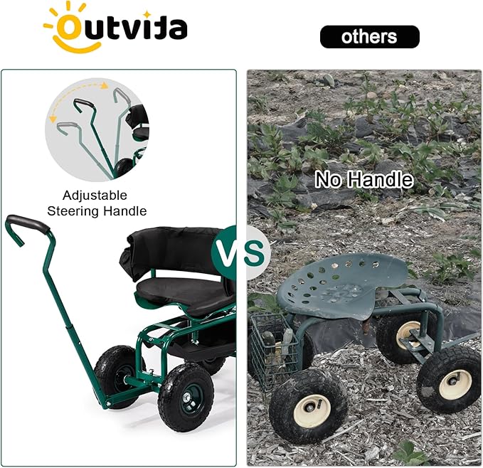 Outvita Rolling Garden Seat with Wheels, Gardening Stool with Height Adjustable 360 Degree Swivel Seat, Ergonomic Backrest, Tool Tray & Storage Basket, Outdoor Gardening Scooter Cart for Patio, Green