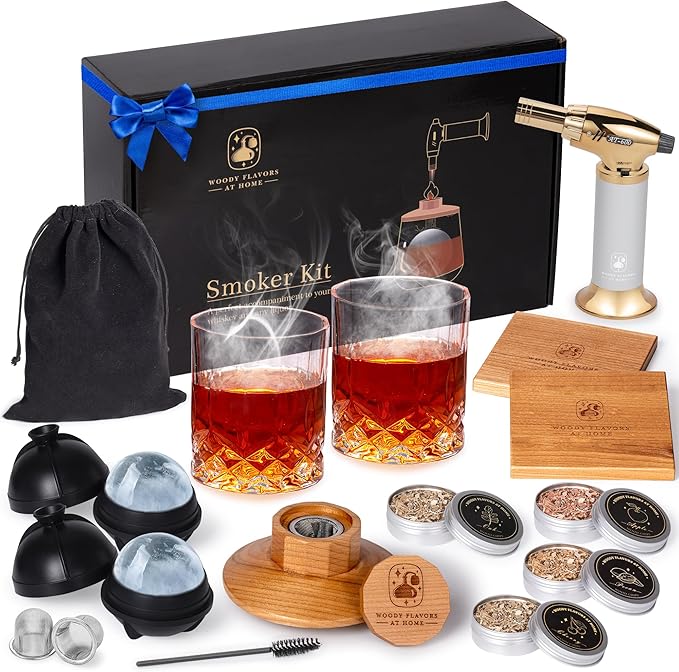 Woody Flavors At Home Old Fashioned Cocktail Smoker Kit for Whiskey, Bourbon, and Drinks with Cherry Smoker, Natural Wood Chip Flavors, Culinary Torch, Ice Cube Spheres, 2 Coasters, 2 Glasses