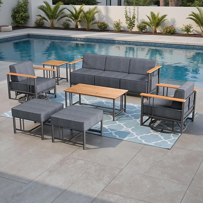 Luxury Outdoor Furniture Set with Swivel Chairs, 7 PCS Patio Furniture Set with 6" Extra Thick Cushions, Suitable for Porch, Balcony, Deck, Patio, Yard, Poolside, Black/Grey