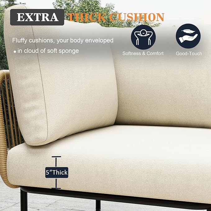 9 Piece Modern Outdoor Rope Wicker Sectional Patio L-Shaped Conversation Sofa Set Deep Seating with Thick Cushions