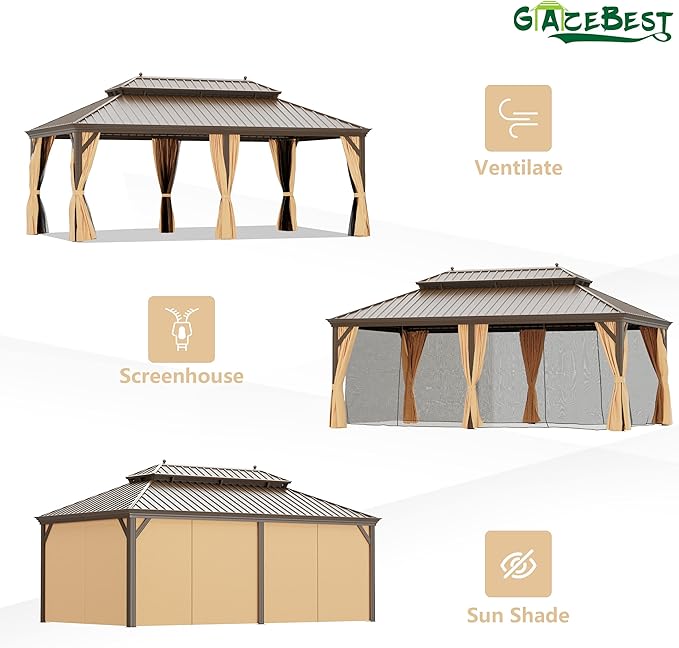 GAZEBEST 12' X 20' Hardtop Gazebo, Outdoor Galvanized Steel Double Roof Permanent Aluminum Frame Pavilion Pergola Canopy with Privacy Curtains for Garden, Patio, Backyard, Deck and Lawns.