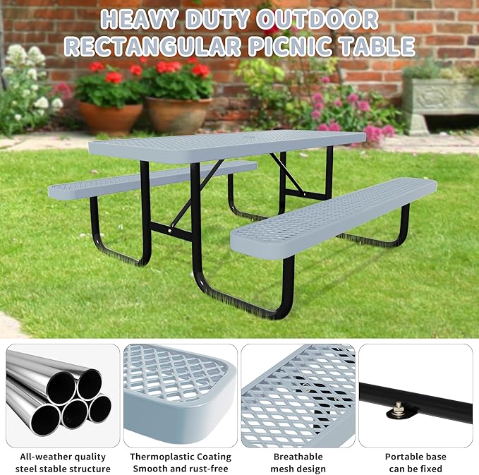 6 FT Heavy Duty Picnic Table with 2 Benches, Expanded Metal Outdoor Patio Dining Table with Umbrealla Hole Commercial Picnic Table,Rectangular Table Furniture Set for Garden, Lawn, Parks