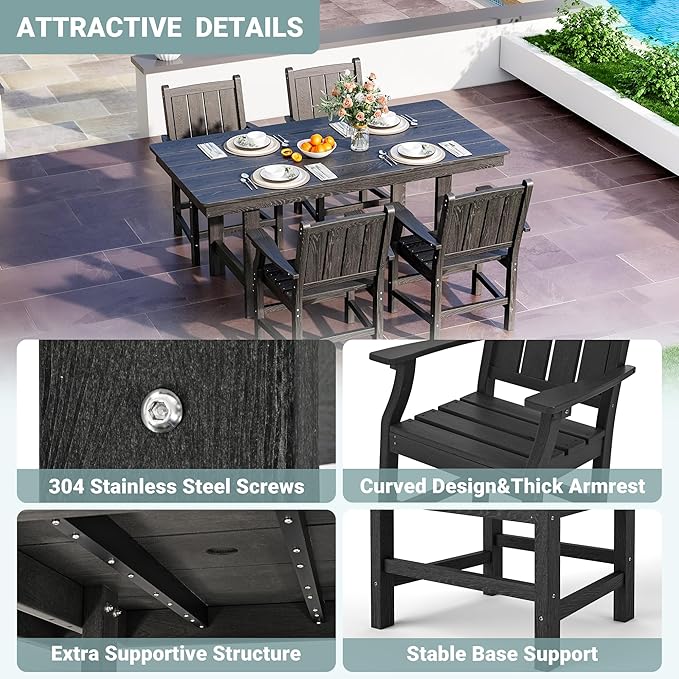 Pamapic 5-Piece Outdoor Dining Set, HDPE Outdoor Rectangular Table and 4 Chairs, Wood Grain Patio Furniture Sets with Armrest, All-Weather Patio Dining Table with Umbrella Hole, Black