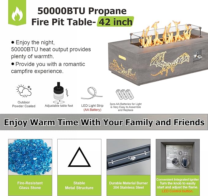 Dineli 2-Piece Outdoor Propane Fire Pit Table Set w Tank Table 42'' Rectangular Gas Fire Pits for Outside Patio Fire Table w LED, 50,000 BTU (Gray, Pterosaur Cutout with Warmlight)
