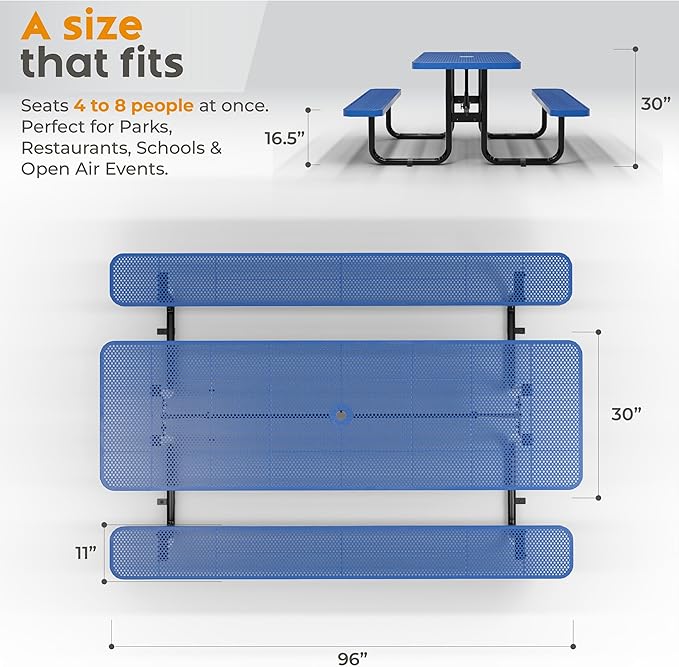 Commercial Heavy-Duty Metal Picnic Table - ADA Compliant, Adjustable Seats, Umbrella Hole (Blue, 8' Rectangular, Punched Steel)