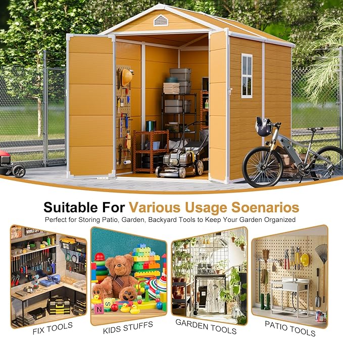 Plastic Sheds 6x8 Resin Outdoor Storage with Floor Included, Waterproof Lockable Garden Shed Tool Cabinet Brown