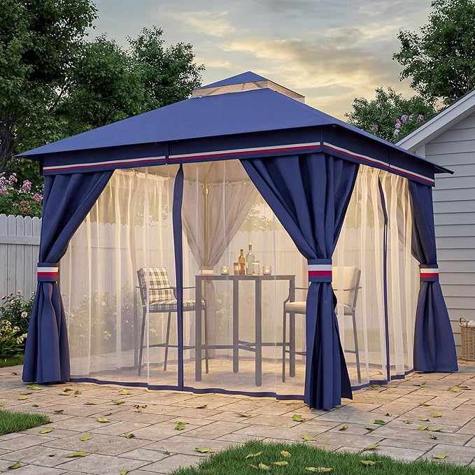 LAUSAINT HOME Outdoor Patio Gazebo 10'x10' with Expansion Bolts, Heavy Duty Party Tent & Shelter with Double Roofs, Mosquito Nettings and Privacy Screens for Backyard (Klein Blue)