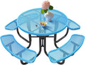46" Round Top Outdoor Picnic Table Set for Up to 8 Persons, Outside Table Set with 4 Built-in Benches, Metal Commercial-Grade Dining Furniture with Umbrella Hole for Garden, Backyard, Porch, Blue