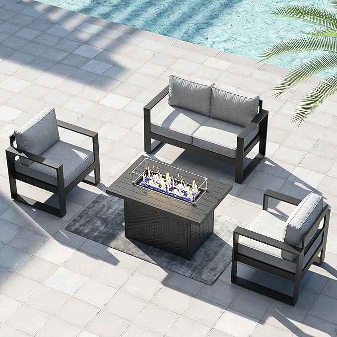 LayinSun 4 Pieces Aluminum Outdoor Patio Furniture Set, Metal Modern Conversation Sofa Set with Fire Pit Table and Washable Thick Cushions for Porch, Backyard, Deck