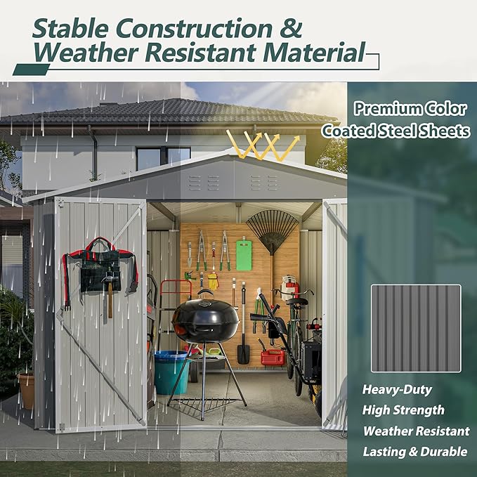 Favfurish Heavy Duty Outdoor Storage Shed, Metal Garden Shed with Sloped Roof, Lockable Doors, Black
