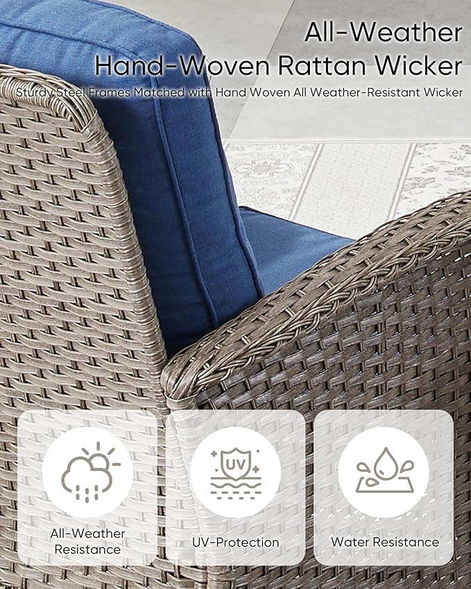 HUMMUH 6 Pieces Patio Furniture Set-Patio Glider Loveseat with Rattan Outdoor Swivel Chairs Outdoor Conversation Furniture Sets for Deck Lawn Porch Balcony Poolside-Grey/Blue