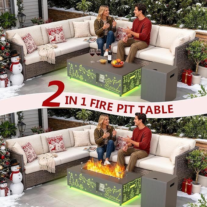 Dineli Propane Fire Pit Table 42 Inch Gas Fire Pits & Outdoor Fireplaces, Tabletop Fire Pit Firepits for Outside Patio, 50,000 BTU (Gray, Christmas Pattern with RGB Light)