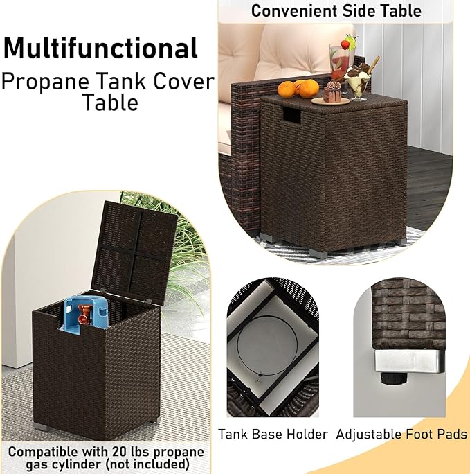 Tangkula 5 Pieces Patio Furniture Set with 32” Fire Pit Table and Propane Tank Cover, Outdoor Wicker Cushioned Sectional for Deck, Backyard, Fire Pit Protective Cover Included (Beige)