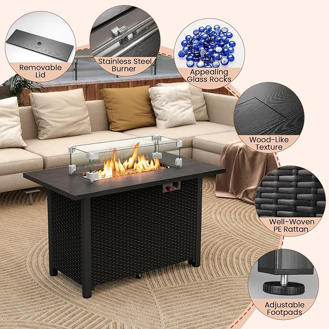 Tangkula Outdoor Propane Fire Pit Table, 42 Inch Rectangular Rattan Fire Table with Wind Guard & Glass Rocks, 50,000 BTU Smokeless Gas Fire Pit for Outside Patio (Black)
