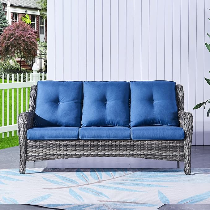 HUMMUH 3 Piece Patio Furniture Set All Weather Wicker Outdoor Sectional Sofa Manual Weaving Rattan High Curved Back Patio Couch with Ottomans