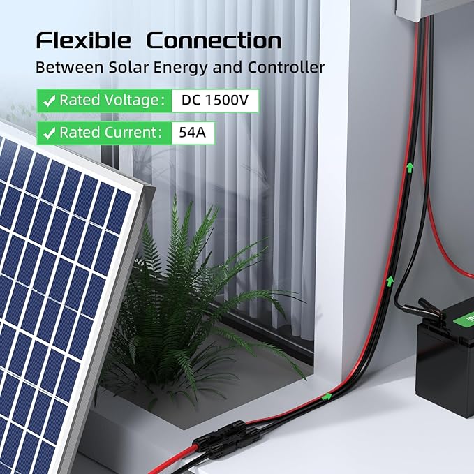 Bateria Power 50 Feet 10AWG Solar Panel Extension Cable 6mm² with Female & Male Connectors, 10 Gauge Twin Wire Conductor Parallel Solar Wire Adapter for RV, Photovoltaic Systems