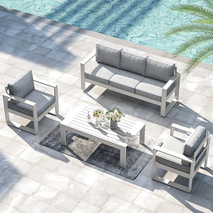 LayinSun 4 Pieces Aluminum Outdoor Patio Furniture Set, Metal Modern Conversation Sofa Set with Coffee Table and Washable Thick Cushions for Porch, Backyard, Deck