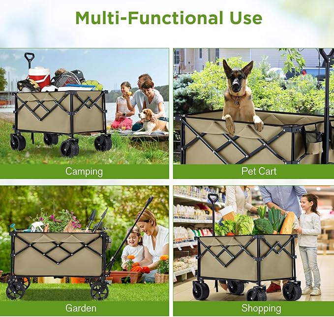 Bezseller Collapsible Wagon 400lbs, Wagons Carts Foldable, Beach Carts with Big Wheels for Sand, Heavy Duty Wagon, Utility Folding Cart with All-Terrain Wheels, Garden Carts Sports Beach, Khaki