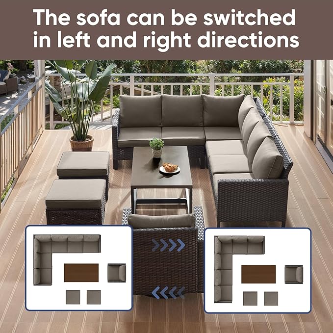 HUMMUH 10 Piece Patio Furniture Set PE Wicker 3 Outdoor Sectional Sofa Set with Patio Swivel Chairs Dinning Table Ottomans for Porch,Garden,Backyard,Deck(Brown/Grey)