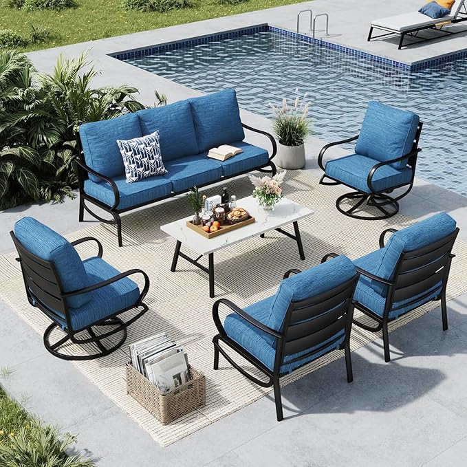 MFSTUDIO 6 Pieces Metal Patio Furniture Sets, 2 Swivel Chairs, 3-Seat Loveseat Sofa, 2 Patio Chairs & 1 Marbling Coffee Table, All Weather 7 Seats Outdoor Conversation Set for Garden, Peacock Blue