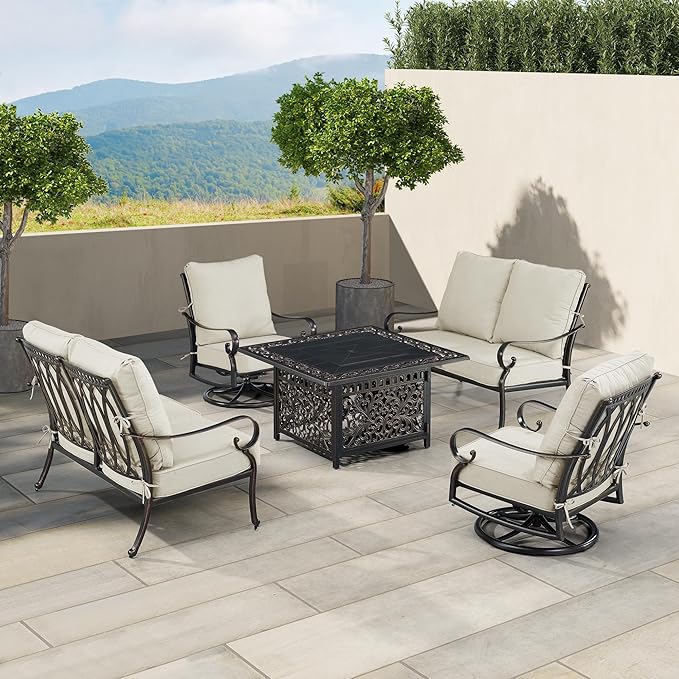 Oakland Living Black Aluminum Patio Fire Table Set with Two Deep Seating Loveseat, Two Club Chairs, Cushions and Wind Blocker