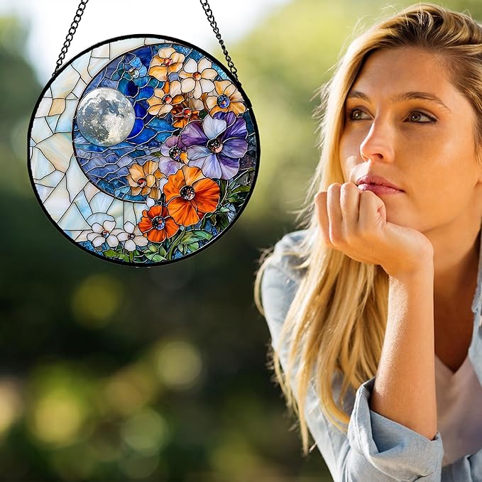 JOSUMALY Stained Glass Window Hanging - Blue White Moon Suncatcher for Door Terrace Garden Home Decor Colorful Flowers Sun Catcher Birthday Gifts for Lovers Women Men Dad Mom Nana 7.8 in