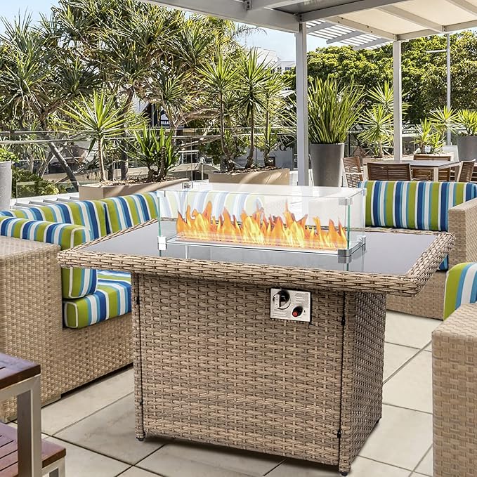 DIMAR GARDEN Outdoor Wicker Fire Pit Table, Propane Gas Fire Table with Glass Wind Guard, Modern Life Luxury Choice, 50,000 BTU 43in