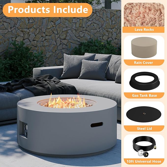 32 inch Round Propane Fire Table, 50,000 BTU Gas FirePit, Patio Fire Pit Table with Steel Lid, Rain Cover, 10ft Propane Hose, Lava Rocks, Grey