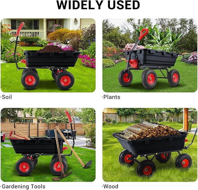 Garden Dump Cart, 800 LB Capacity, Heavy Duty Yard Wagon with All Terrain Tires & 180° Adjustable Handle, Durable Outdoor Gardening Cart for Lawn Yard, Black