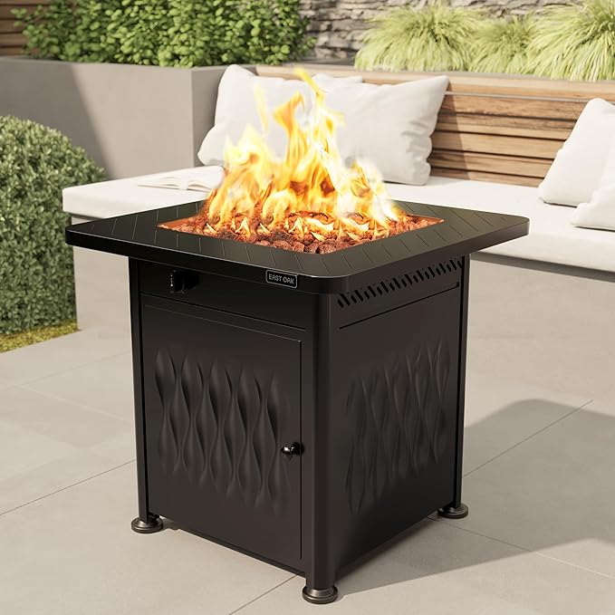 EAST OAK 32" Outdoor Propane Fire Pit Table | 52,000 BTU Gas Fire Pit Table for Outside with Magnetic Lid | Storage Basket & Lava Rocks | CSA Certified for Patio, Garden & Backyard | Black