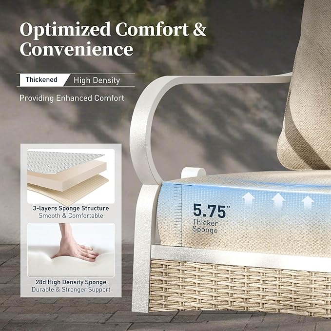 SUNSHINE VALLEY 4 Piece Metal Outdoor Patio Furniture Sets, Patio Conversation Sets 1 2-Seater Sofa, 2 Single Sofa with 5.75" Thick Cushion and Coffee Table, White Frame Backyard Furniture, Beige