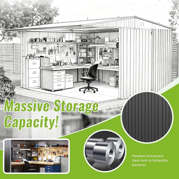 PABIMIA14X12 FT Outdoor Storage Shed, Durable Metal Outside Storage with Lockable Doors, Waterproof Storage Shed for Tools, Equipment, Ideal for Backyard Garden Patio Lawn,White