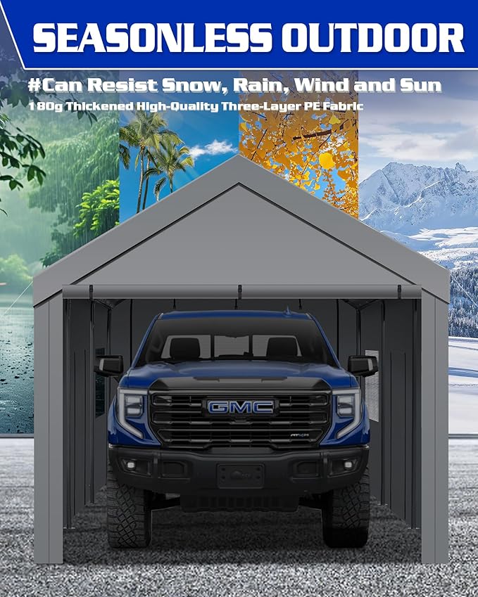 Heavy Duty 10x20 Carport, Waterproof UV Resistant Portable Garage Shelter with Rustproof Steel Frame, All Weather Protection for Vehicles Boats Equipment (Gray, 10x20ft)
