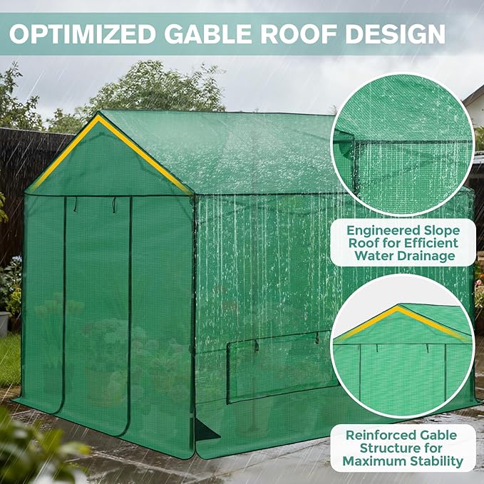 COOS BAY 10x10 FT Pop up Greenhouse Outdoor with Winter Support Pole, Walk in Green House with Power Access Openings, Zippered Doors & Windows, Durable PE Cover, Green