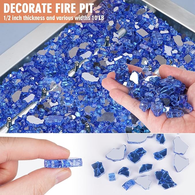 Mesida Fire Glass for Propane Fire Pit - 10 lb Reflective High Luster Glass Rocks, Cobalt Blue 1/4-Inch Fire Pit Glass for Indoor/Outdoor Fireplace & Fire Table, Tempered Decorative Firepit Rocks