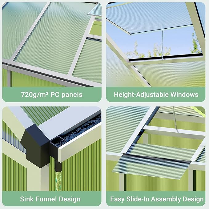 Greenhouse, 8x12 ft Greenhouse for Outdoors, Walk-in Green House with Ground Nails and Vent Windows, Sliding Lockable Door, Polycarbonate Green House for Outside Garden Backyard, Quick Setup, Silver