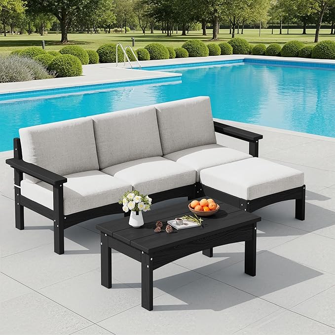 SERWALL 5-Piece Patio Sofas, All-Weather HDPE Outdoor Sectional Sofa with Cushions and Coffee Table, Large Modular Patio Conversation Set for Garden, Lawn, Deck, Porch, Black Frame with Khaki Cushion