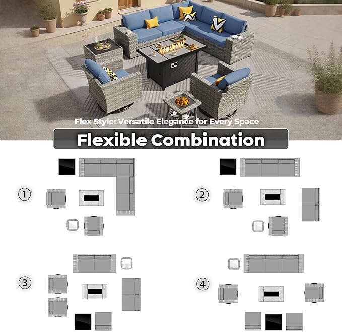 ovios 10 Pieces Patio Furniture Set, Outdoor Wicker Sectional Sofa with 42" Fire Pit Table Swivel Chairs, Modern Modular Deep Seat Rattan Couch Conversation Sets, Denim Blue