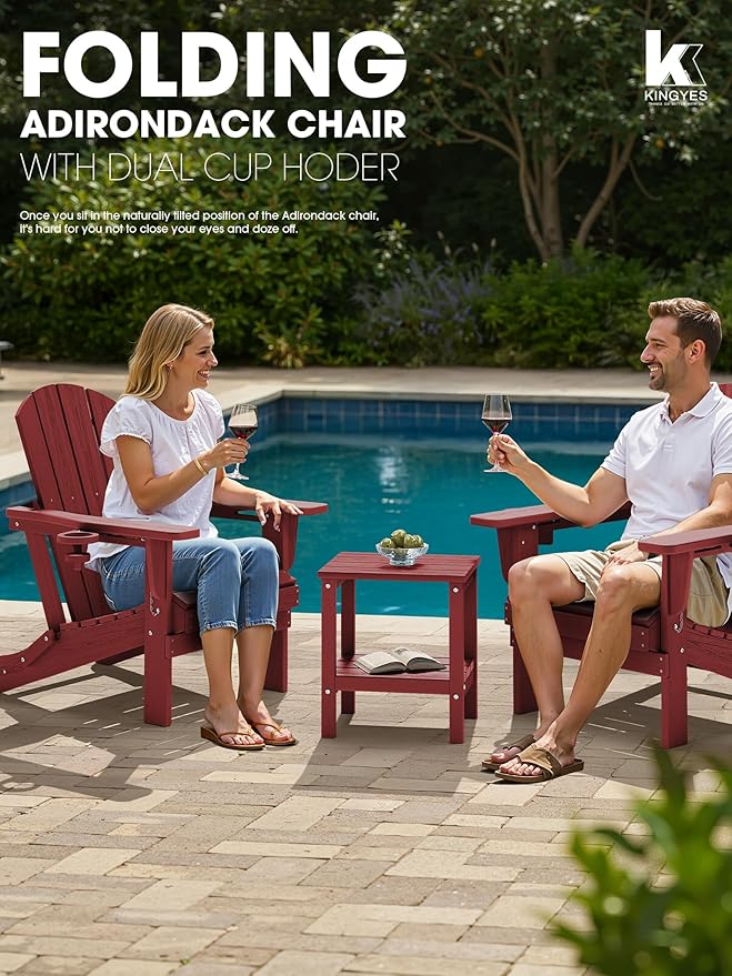 KINGYES Folding Adirondack Chair Set of 4, Dual Cup Holders & All-Weather HDPE, Wood-Like Patio Chair for Backyard, Camping, Pool & Fire Pit, Dark Red
