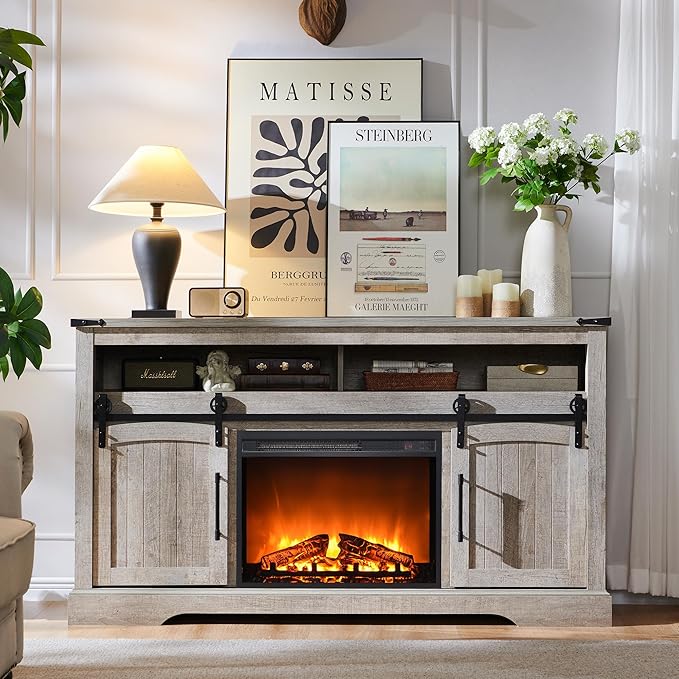 OKD Farmhouse Fireplace TV Stand for 70 Inch TV, 34" Tall Highboy Entertainment Center w/Electric Fireplace, Rustic Media Console w/Sliding Arched Door for Living Room,Light Rustic Oak