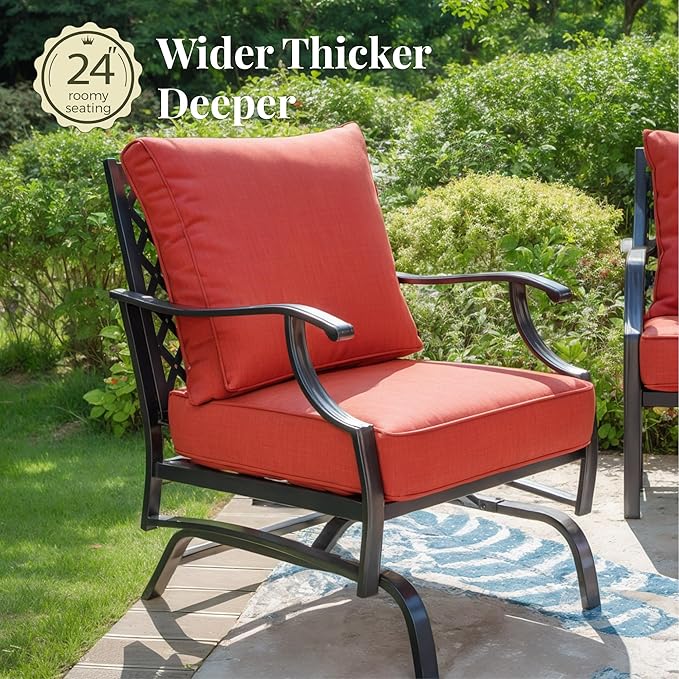 Patio Furniture Set, 4 Pcs Metal Outdoor Conversation Set, 2 Rocking Chairs and 3 Seater Sofa with 5.75" Extra Thick Cushion and Gas Fire Pit Table for Backyard Deck, Red