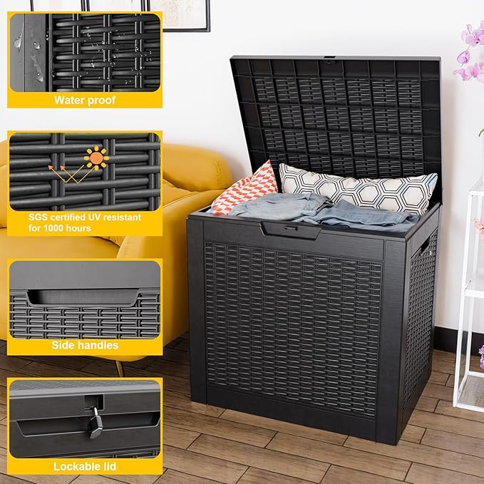 Deck Box Large Outdoor Storage for Patio Furniture,Outdoor Cushions,Garden Tools,Picnic Supplies and Pool Supplies,Waterproof,Resin,Lockable (Black, 31 Gal)